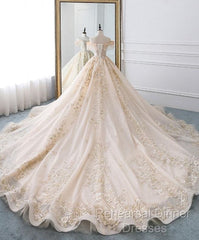 Champagne Off Shoulder Tulle Lace Long Wedding Dress, Wedding Gown Semi Formal Prom Dresses