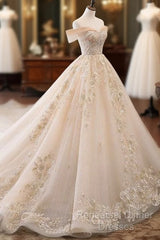 Champagne Off Shoulder Tulle Lace Long Wedding Dress, Wedding Gown Semi Formal Prom Dresses