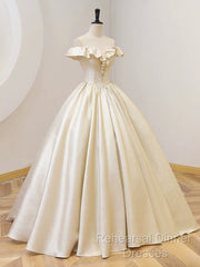 Champagne Off The Shoulder Floor Length Semi Formal Prom Dress, Elegant A-Line Evening Party Dress