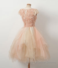 Champagne round neck tulle beads short Semi Formal Prom Dresses, homecoming Dresses