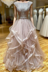 Champagne round neck tulle lace long Semi Formal Prom Dresses evening Dresses