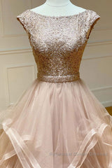 Champagne round neck tulle lace long Semi Formal Prom Dresses evening Dresses