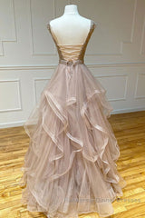 Champagne round neck tulle lace long Semi Formal Prom Dresses evening Dresses