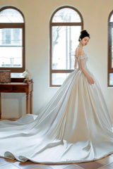 Champagne Satin Long Prom Dress, Off the Shoulder Formal Evening Dress