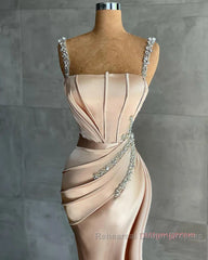 Champagne Satin Straps Beading Mermaid Semi Formal Prom Dress