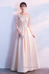 Champagne Satin With Lace Long Sleeves Semi Formal Prom Dress Evening Dress, A-Line Simple Bridesmaid Dresses
