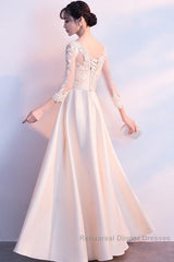 Champagne Satin With Lace Long Sleeves Semi Formal Prom Dress Evening Dress, A-Line Simple Bridesmaid Dresses