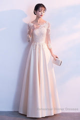 Champagne Satin With Lace Long Sleeves Semi Formal Prom Dress Evening Dress, A-Line Simple Bridesmaid Dresses