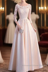 Champagne Satin With Lace Long Sleeves Semi Formal Prom Dress Evening Dress, A-Line Simple Bridesmaid Dresses