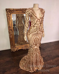Champagne Sequins V-Neck Long Sleevess Mermaid Semi Formal Prom Dresses