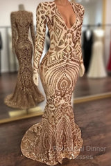 Champagne Sequins V-Neck Long Sleevess Mermaid Semi Formal Prom Dresses
