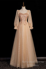 Champagne Short Sleeves Beaded Long Party Dress, A-Line Tulle Semi Formal Prom Dress