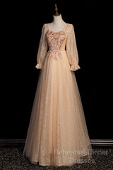 Champagne Short Sleeves Beaded Long Party Dress, A-Line Tulle Semi Formal Prom Dress