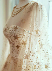 Champagne Stars A-Line Tulle Long Formal Dress, Champagne Semi Formal Prom Dress