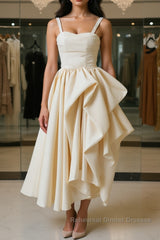 Champagne Tea Length Semi Formal Prom Dresses, Champagne Tea Length Formal Homecoming Dresses