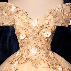 Champagne Tulle Flowers  Off Shoulder Sweet 16 Party Dress, Long Prom Dress, Formal Gown