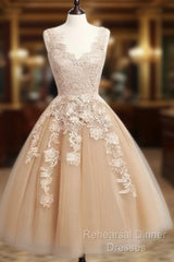 Champagne Tulle Lace Applique Short Semi Formal Prom Dress, Homecoming Dress