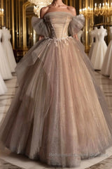 Champagne Tulle Lace Long Semi Formal Prom Dresses, Champagne Evening Formal Dresses
