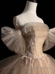Champagne Tulle Lace Long Semi Formal Prom Dresses, Champagne Evening Formal Dresses