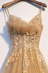 Champagne tulle lace long Semi Formal Prom Dresses champagne formal Dresses