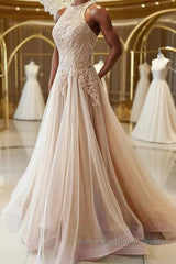 Champagne tulle lace long Semi Formal Prom Dresses, champagne tulle evening Dresses