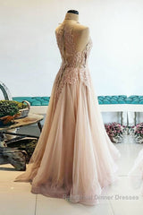 Champagne tulle lace long Semi Formal Prom Dresses, champagne tulle evening Dresses