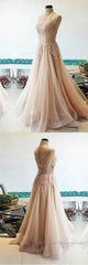Champagne tulle lace long Semi Formal Prom Dresses, champagne tulle evening Dresses