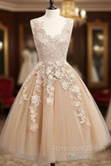 Champagne Tulle Lace Short Semi Formal Prom Dress, Cute Homecoming Dress