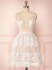 Champagne Tulle Lace Spaghetti Straps Homecoming Dress