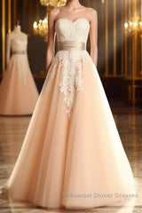 Champagne Tulle Lace Tea Pearl Semi Formal Prom Dresses, Lace Wedding Dresses