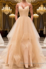 Champagne tulle long Semi Formal Prom Dresses, champagne evening Dresses