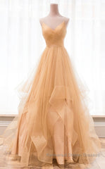 Champagne tulle long Semi Formal Prom Dresses, champagne evening Dresses