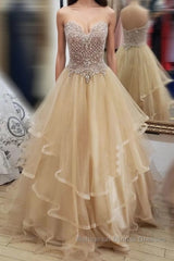 Champagne tulle sweetheart long Semi Formal Prom Dresses, champagne evening Dresses