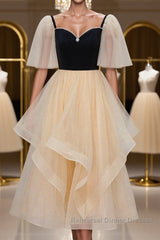 Champagne V Neck Tea Length Semi Formal Prom Dresses, Tea-Length Formal Graduation Dresses