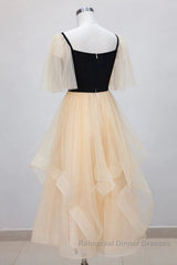 Champagne V Neck Tea Length Semi Formal Prom Dresses, Tea-Length Formal Graduation Dresses