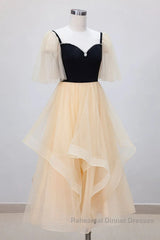 Champagne V Neck Tea Length Semi Formal Prom Dresses, Tea-Length Formal Graduation Dresses