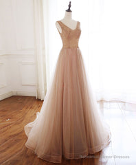 Champagne V Neck Tulle Beads Long Prom Dress Evening Dress