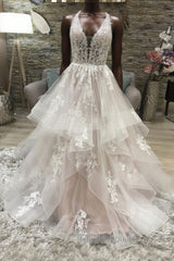 Champagne v neck tulle lace long Semi Formal Prom Dresses, champagne evening Dresses