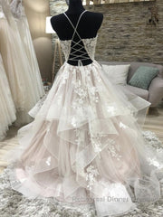 Champagne v neck tulle lace long Semi Formal Prom Dresses, champagne evening Dresses