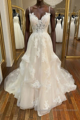 Champagne v neck tulle lace long Semi Formal Prom Dresses, champagne lace evening Dresses