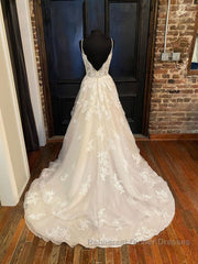 Champagne v neck tulle lace long Semi Formal Prom Dresses, champagne lace evening Dresses