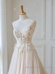 Champagne V Neck Tulle Lace Long Semi Formal Prom Dress Evening Dress A Line Sleeveless Formal Dress