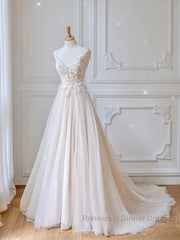 Champagne V Neck Tulle Lace Long Semi Formal Prom Dress Evening Dress A Line Sleeveless Formal Dress
