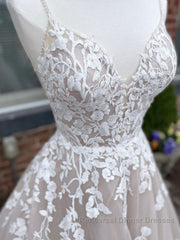 Champagne v neck tulle lace long Semi Formal Prom Dresses lace tulle formal Dresses