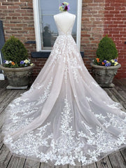 Champagne v neck tulle lace long Semi Formal Prom Dresses lace tulle formal Dresses