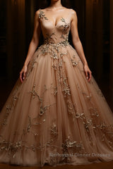 Champagne v neck tulle lace Semi Formal Prom Dresses, champagne tulle evening Dresses