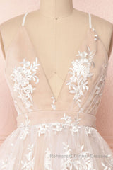 Champagne v neck tulle lace short Semi Formal Prom Dresses champagne tulle bridesmaid Dresses