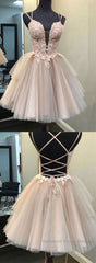 Champagne v neck tulle lace short Semi Formal Prom Dresses lace homecoming Dresses
