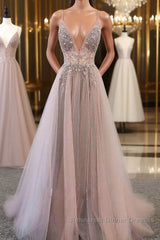Champagne v neck tulle long Semi Formal Prom Dresses, champagne evening Dresses