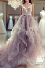 Champagne v neck tulle long Semi Formal Prom Dresses champagne tulle formal Dresses